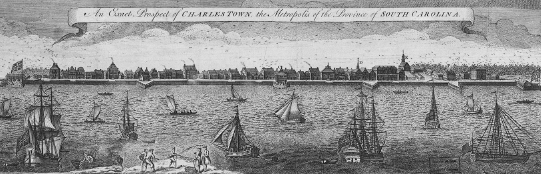 Ships of varying sizes are in a harbor in the middleground. There are figures in the foreground, and a row of buildings in the background.