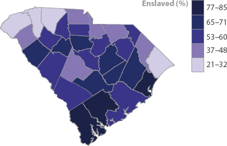 A map of South Carolina indicating enslaved population percentages from 21 to 85.