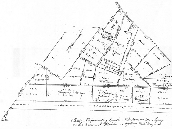 A hand-drawn map depicting a road across the bottom and subdivisions of land above it. Each segment of land is a different size and shape.