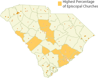 A map of South Carolina indicating the locations of Episcopal churches.