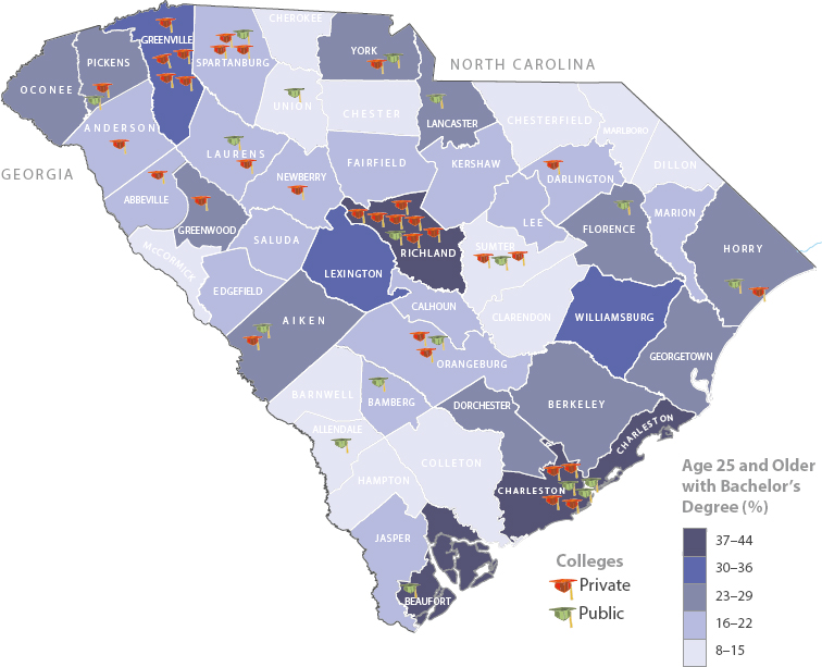 A map of South Carolina indicating public and private colleges and bachelor’s degree rates for people 25 and older, from 8 to 44 percent.