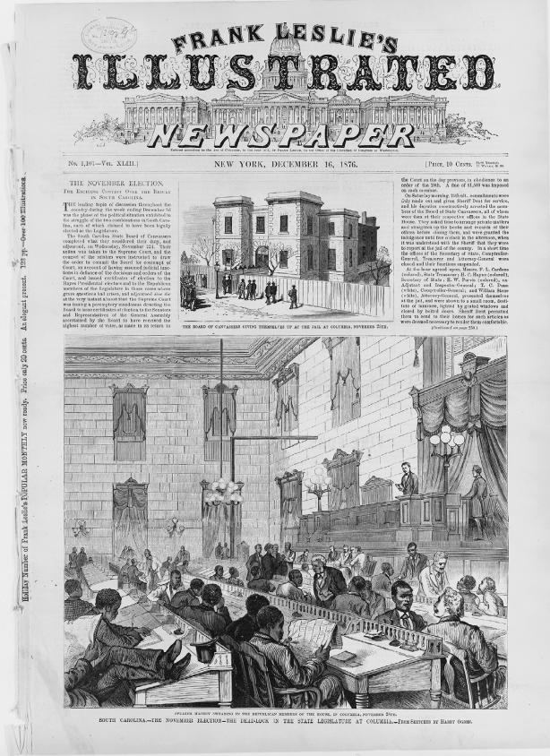 News broadsheet with small drawing of jail exterior and large drawing of a platform and rows of people sitting at long desks.
