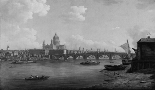 Painting of four small boats on a river. Arched bridge in the middleground and a city in the distance.