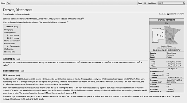A webpage entry with a title at the top and a table of facts to the right.