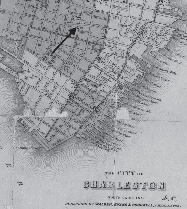 Street map of nineteenth-century Charleston with arrow pointing to location in Ansonborough neighborhood.