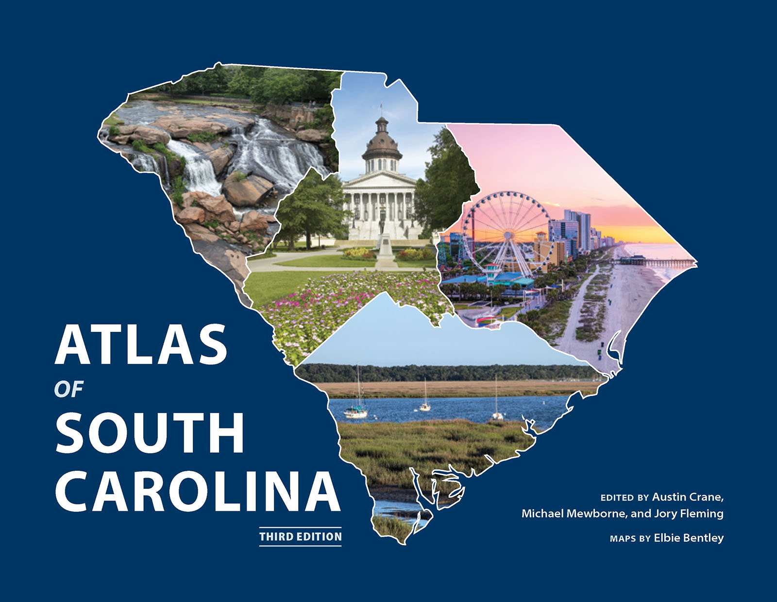 State outline with inset photos of a waterfall; capitol building; beach with Ferris wheel; and bay. Blue background with white title and author names.