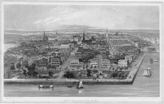 Bird’s-eye engraving of the city of Charleston showing the harbor with ships, mansions on the Battery, and the businesses, houses, and churches that line the streets.