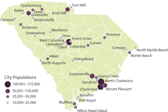A map of South Carolina indicating city populations from 10,000 to 155,000.