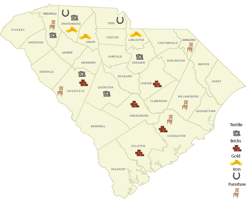 A map of South Carolina indicating various forms of industry and mining.