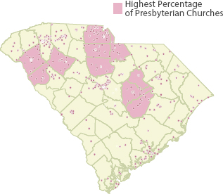 A map of South Carolina indicating the locations of Presbyterian churches.