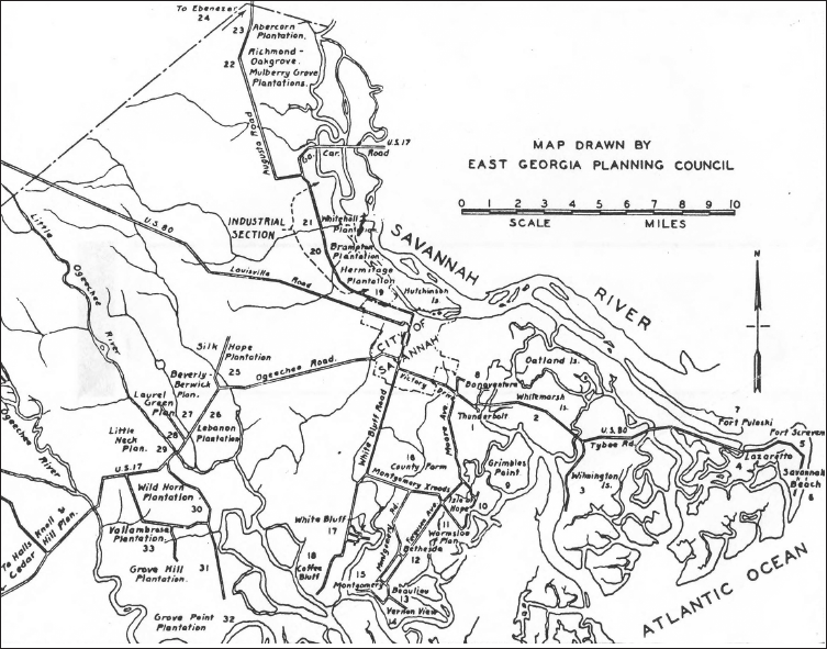 A road map of the northeast portion of Georgia with locations of plantations. There is a scale of 0–10 miles.