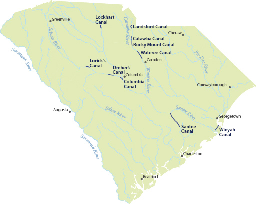 A map of South Carolina indicating the location of canals circa 1825.
