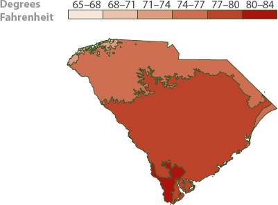 A map of South Carolina indicating the average annual maximum temperature, measured in degrees Fahrenheit from 65 to 84.