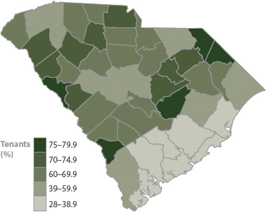 A map of South Carolina indicating the percentage of farm operators from 28 to 79.9.