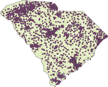 A map of South Carolina indicating the locations of polling places.