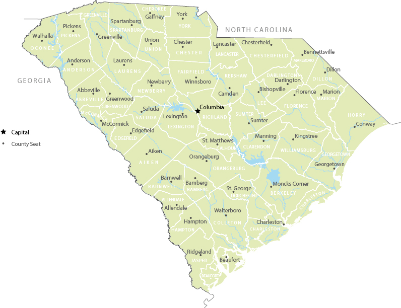A map of South Carolina indicating county boundaries and county seats.