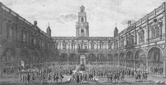 An engraving of the interior courtyard of a large building filled with people.