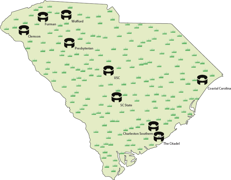 A map of South Carolina indicating the locations of NCAA Division I football stadiums.