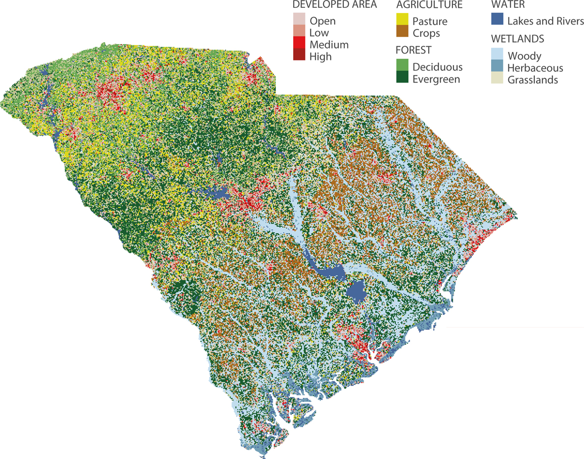 A map of South Carolina indicating forms of land cover, including developed areas, agriculture, forest, water, and wetlands.