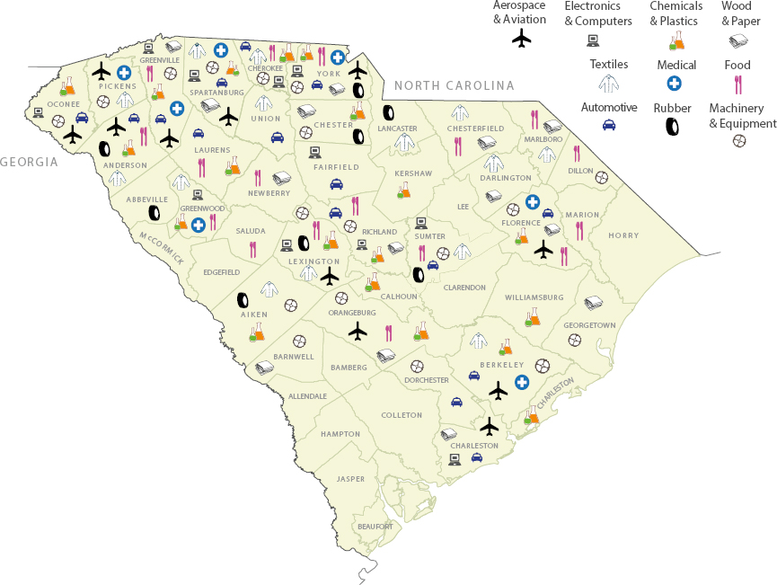 A map of South Carolina indicating various industries.