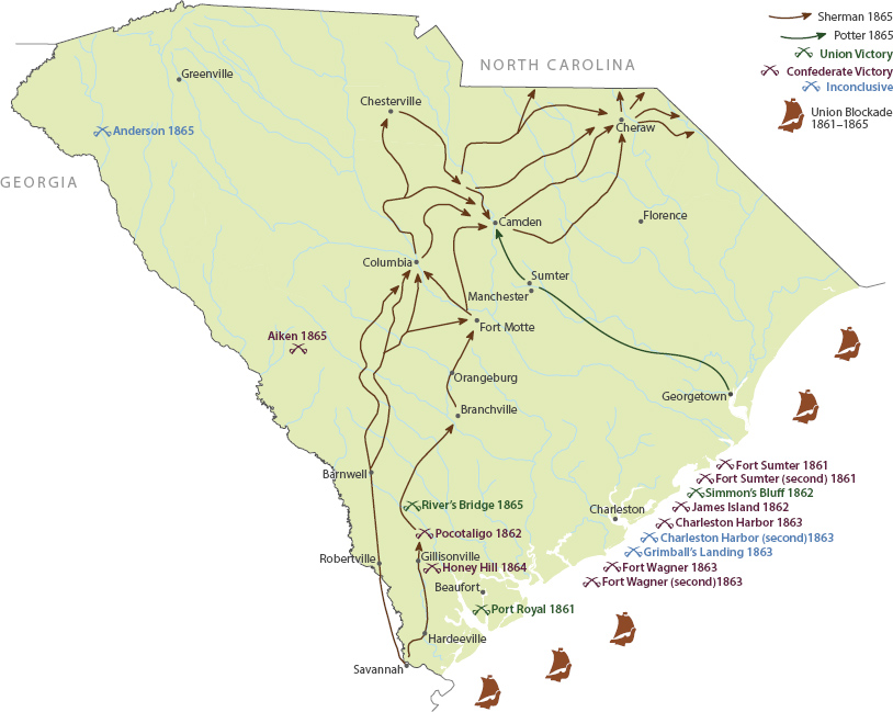 A map of South Carolina indicating Civil War sites, Union blockades, and the paths of Generals Sherman and Potter.