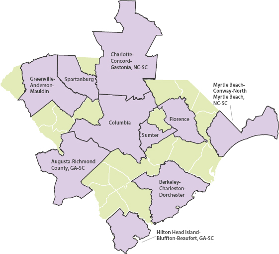 A map of South Carolina’s Metropolitan Statistical Areas.