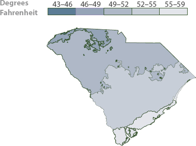 A map of South Carolina indicating the average annual minimum temperature, measured in degrees Fahrenheit from 43 to 59.