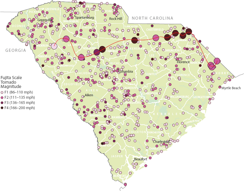 A map of South Carolina indicating tornado touchdowns and Fujita Scale tornado magnitudes.
