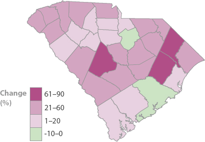 map of South Carolina indicating population change in percent from -10 to 90.