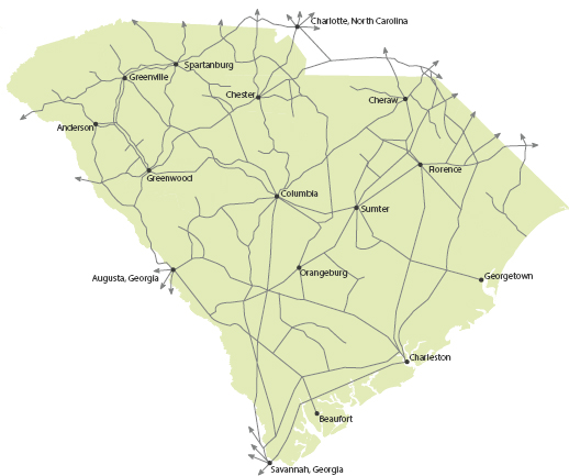 A map of South Carolina indicating railroads in 1925.