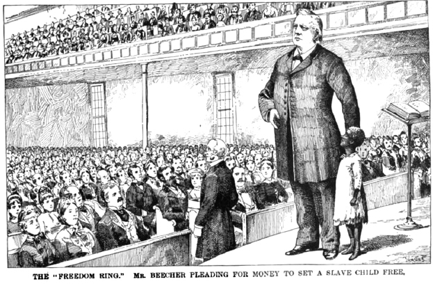 Drawing of a man on stage with young African American child.