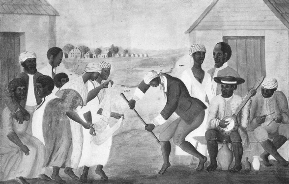 Figure 5. A group of enslaved people of African descent playing instruments and dancing near small buildings.