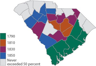 A map of South Carolina indicating where the enslaved population never exceeded 50 percent and where it exceeded 50 percent in the years 1790, 1810, 1830, and 1850.