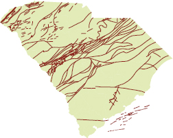 A map of South Carolina indicating fault structures.