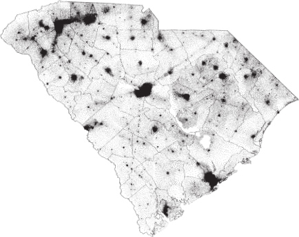 A map of South Carolina indicating the population in 1950.