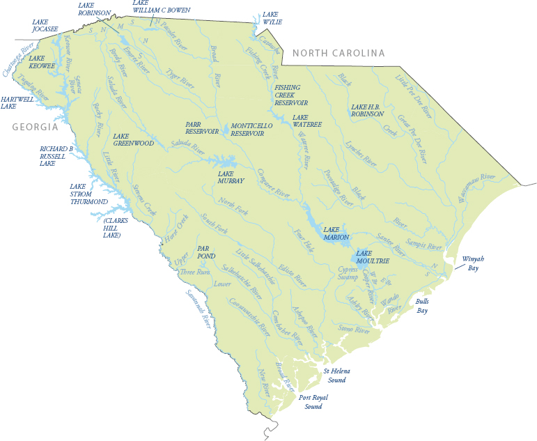A map of South Carolina labeled with rivers, lakes, and bays.