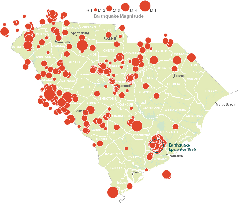 A map of South Carolina indicating earthquakes of magnitudes from 0 to 5, with an epicenter near Charleston.