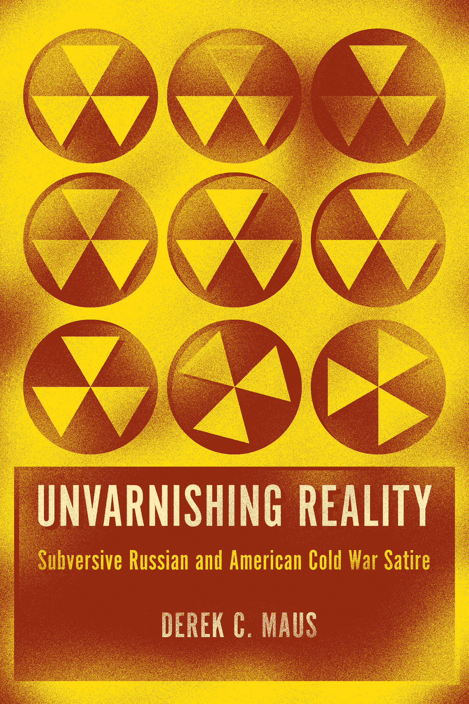 Yellow background. Nine red civil defense fallout shelter symbols above. Below, red textbox with white title and author name, yellow subtitle.