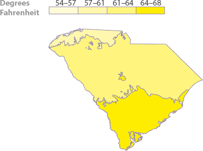 A map of South Carolina indicating the average annual temperature, measured in degrees Fahrenheit from 54 to 68.