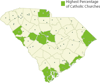 A map of South Carolina indicating the locations of Catholic churches.