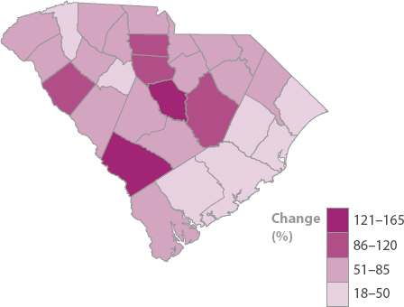 A map of South Carolina indicating population change in percent from 18 to 165.