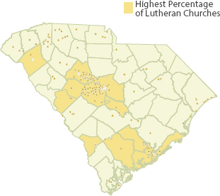 A map of South Carolina indicating the locations of Lutheran churches.