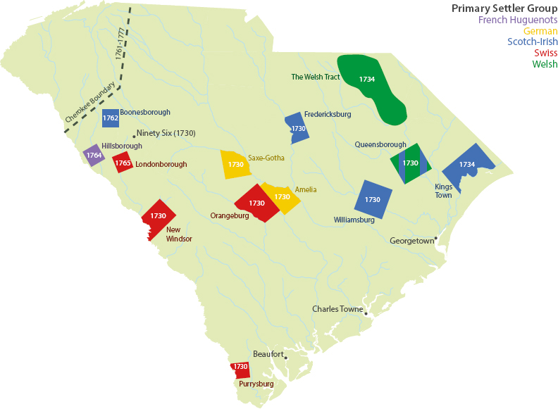 A map of South Carolina marks the locations of early settler groups of French Huguenots, German, Swiss, Scotch-Irish, and Welsh.