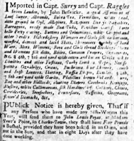 A printed bulletin on plain paper of assorted goods imported by Capt. Surry and Capt. Raggles from London.