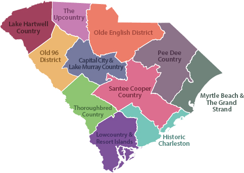 A map of South Carolina indicating the ten tourism regions.