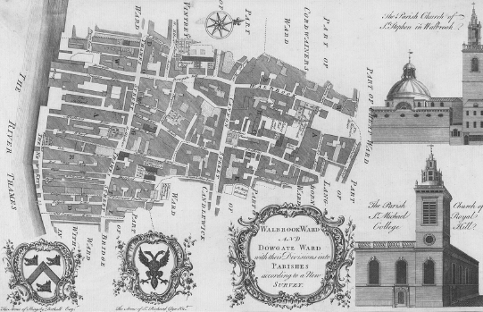 A hand-drawn map with detailed drawings of two buildings on right side.