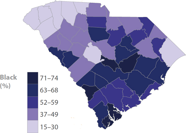 A map of South Carolina indicating the Black population percentages from 15 to 74.