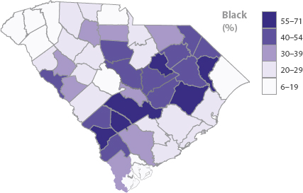 A map of South Carolina indicating percentage of Black people population from 6 to 71.