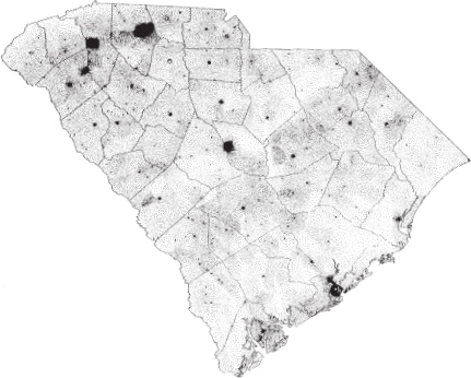 A map of South Carolina indicating the population in 1900.