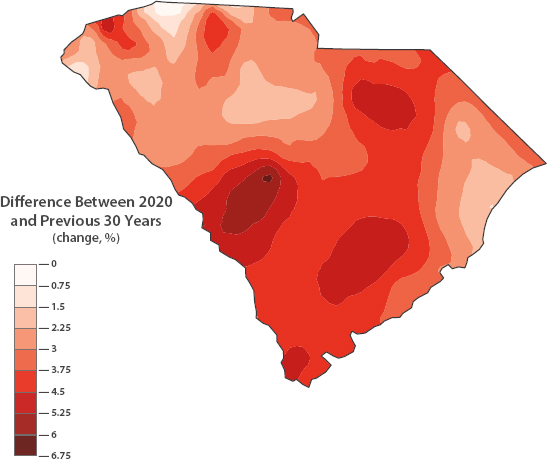 A map of South Carolina indicating temperature change differences in percent between 2020 and previous 30 years from 0 to 6.75.